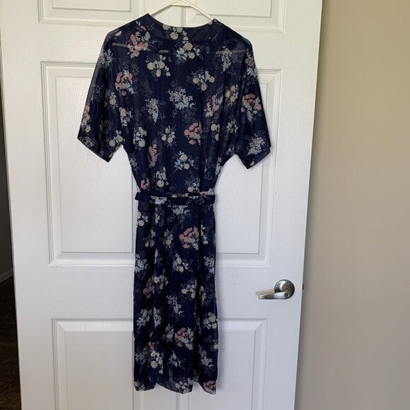 Tribute Robe Size 22 Blue Floral Sheer Button Short Sleeve House Dress - Picture 6 of 13